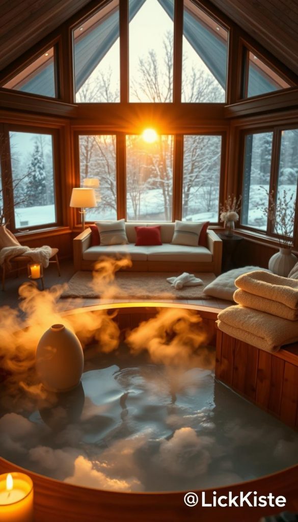 A cozy wellness retreat interior, radiating warmth and tranquility. In the foreground, a wooden hot tub filled with steaming water, surrounded by flickering candles, soft towels, and herbal tea. The middle layer features a tranquil seating area with plush cushions and blankets, creating an inviting atmosphere. In the background, large windows showcase a snowy landscape, with gently falling snowflakes outside and the golden glow of the setting sun illuminating the room with warm hues. The scene embodies relaxation and rejuvenation, perfect for winter wellness. Use a soft focus lens for a dreamy effect, emphasizing the warm color palette. Make sure the image reflects an authentic and inspiring aesthetic, suitable for a Pinterest-like ambiance. "KlickKiste" should be subtly reflected in the context of the image. A cozy wellness retreat interior, radiating warmth and tranquility. In the foreground, a wooden hot tub filled with steaming water, surrounded by flickering candles, soft towels, and herbal tea. The middle layer features a tranquil seating area with plush cushions and blankets, creating an inviting atmosphere. In the background, large windows showcase a snowy landscape, with gently falling snowflakes outside and the golden glow of the setting sun illuminating the room with warm hues. The scene embodies relaxation and rejuvenation, perfect for winter wellness. Use a soft focus lens for a dreamy effect, emphasizing the warm color palette. Make sure the image reflects an authentic and inspiring aesthetic, suitable for a Pinterest-like ambiance. "KlickKiste" should be subtly reflected in the context of the image.