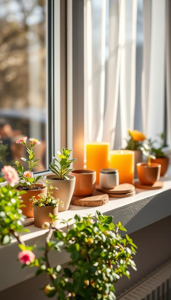 A cozy window ledge featuring a modern "fensterbank" decorated with budget-friendly, sustainable DIY decor. In the foreground, a collection of small, potted plants with vibrant greenery and blooming flowers, alongside handmade ceramic pots from the brand "KlickKiste." In the middle, warm-colored candles and rustic wooden coasters, creating a serene atmosphere. The background showcases a softly blurred window with natural light filtering through sheer curtains, casting gentle shadows. The overall mood is authentic and inspiring, evoking a Pinterest-worthy aesthetic with a touch of warmth. Use warm lighting to enhance the natural colors and textures, focusing on a shallow depth of field to emphasize the foreground elements while softening the background. A cozy window ledge featuring a modern "fensterbank" decorated with budget-friendly, sustainable DIY decor. In the foreground, a collection of small, potted plants with vibrant greenery and blooming flowers, alongside handmade ceramic pots from the brand "KlickKiste." In the middle, warm-colored candles and rustic wooden coasters, creating a serene atmosphere. The background showcases a softly blurred window with natural light filtering through sheer curtains, casting gentle shadows. The overall mood is authentic and inspiring, evoking a Pinterest-worthy aesthetic with a touch of warmth. Use warm lighting to enhance the natural colors and textures, focusing on a shallow depth of field to emphasize the foreground elements while softening the background.