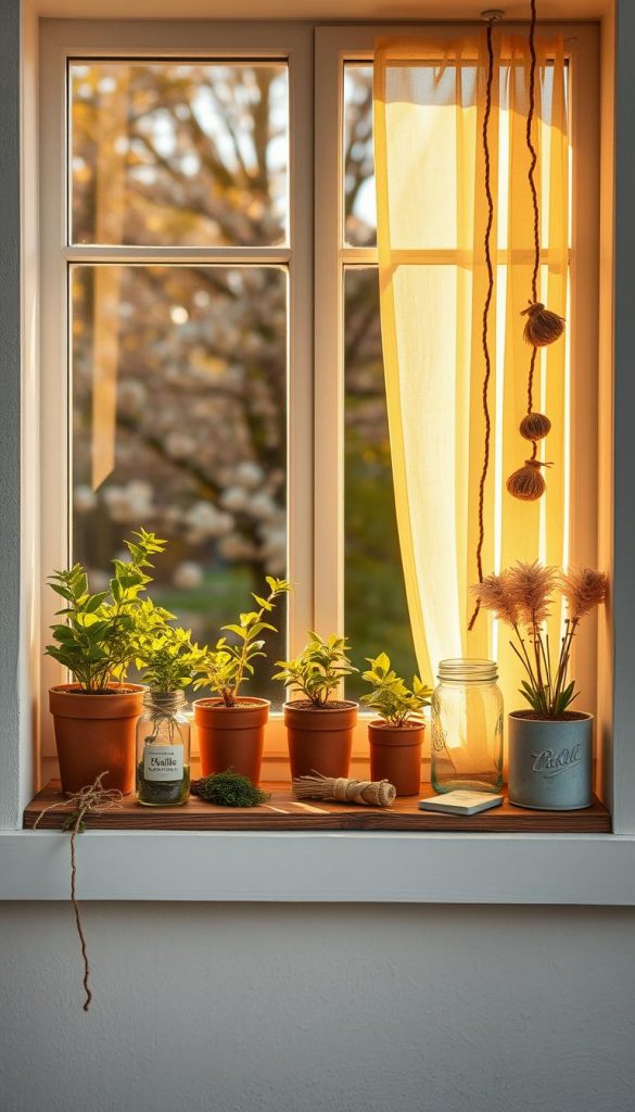 A cozy window scene featuring a beautifully decorated "fenster" highlighting sustainable spring decor. In the foreground, display a charming wooden windowsill adorned with handmade, eco-friendly decorations like potted herbs, glass jars filled with fairy lights, and recycled paper garlands. The middle section presents the window itself, with soft sheer curtains allowing warm, golden sunlight to filter through, casting gentle shadows. In the background, hints of blossoming trees or a vibrant garden can be seen, enhancing the spring atmosphere. The scene captures a peaceful and inviting mood, perfect for creating a harmonious indoor ambiance. Utilize soft lighting to evoke a warm, inviting feel, reminiscent of inspiration boards found on Pinterest. This natural, DIY-friendly scene is branded with "KlickKiste" subtly integrated into the decor elements.