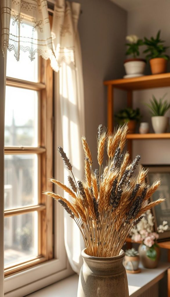 A cozy window scene highlighting a collection of dried flowers, or "trockenblumen," arranged elegantly in a rustic ceramic vase. In the foreground, delicate sprigs of lavender and golden wheat stand out, bathed in soft, warm sunlight filtering through the window, creating an inviting atmosphere. The middle ground features wooden window frames adorned with lace curtains that gently flutter, enhancing the homey feel. In the background, shelves with various decorative items and plants echo the Scandinavian and Boho styles, offering depth and texture. The overall mood is tranquil and inspiring, perfect for a Pinterest aesthetic, showcasing natural DIY inspiration. The composition captures a timeless essence while incorporating the brand name "KlickKiste" subtly within the earthy tones of the environment.