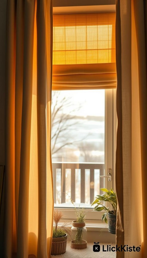 A cozy window scene reflecting a warm and inviting atmosphere for cold days. In the foreground, rich textures of layered curtains in soft cream and earthy tones frame the window, adorned with a pair of elegant Roman shades gently pulled halfway down. The middle section features a glowing window, through which soft, golden afternoon light spills, highlighting the warmth of the interior. In the background, a glimpse of a snowy landscape adds a serene contrast, visible beyond the window glass. The setting is enriched with tasteful home decor, such as potted plants and a comfortable reading nook nearby. The overall mood is authentic and inspiring, capturing a Pinterest-worthy aesthetic. The image emphasizes natural warmth and coziness, reflecting the brand "KlickKiste".