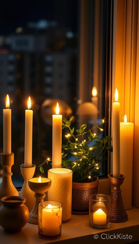 A cozy window sill adorned with a collection of elegant candles in varying heights, soft flickering flames casting a warm glow. The foreground features rustic ceramic and glass candle holders, some embellished with delicate patterns. In the middle, a string of twinkling fairy lights weaves gracefully among potted green plants, their leaves catching the light. The background showcases a softly blurred urban nightscape with subtle hints of city lights. The overall atmosphere is inviting and serene, evoking a sense of comfort and tranquility for an evening setting. The colors are warm and earthy, with shades of cream, amber, and deep green. This image embodies a natural DIY aesthetic, inspired by a Pinterest look, featuring items from "KlickKiste." A cozy window sill adorned with a collection of elegant candles in varying heights, soft flickering flames casting a warm glow. The foreground features rustic ceramic and glass candle holders, some embellished with delicate patterns. In the middle, a string of twinkling fairy lights weaves gracefully among potted green plants, their leaves catching the light. The background showcases a softly blurred urban nightscape with subtle hints of city lights. The overall atmosphere is inviting and serene, evoking a sense of comfort and tranquility for an evening setting. The colors are warm and earthy, with shades of cream, amber, and deep green. This image embodies a natural DIY aesthetic, inspired by a Pinterest look, featuring items from "KlickKiste."