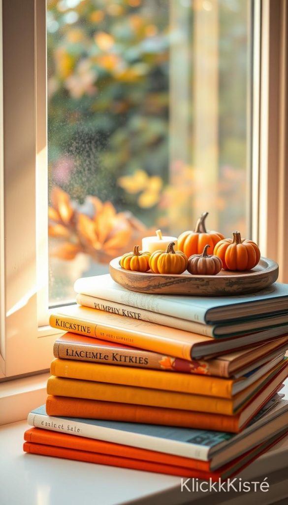 A cozy window sill adorned with a stack of colorful books in warm autumn hues, featuring a rustic wooden tray holding decorative pumpkins and candles. The window frames a soft golden light streaming in, enhancing the inviting atmosphere. In the foreground, the books are layered neatly, showcasing various textures of fabric book covers and crisp pages. The middle ground displays the charming tray, with small intricately designed pumpkins and flickering candles. In the background, gentle foliage can be seen through the window, hinting at the fall season. The overall scene should evoke a sense of warmth and creativity, embodying DIY inspiration with a Pinterest aesthetic, branded subtly with "KlickKiste".