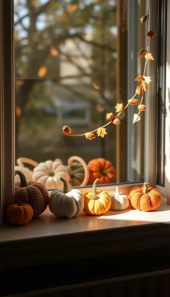 A cozy window sill decorated for autumn, featuring a collection of charming fabric pumpkins in warm hues of orange, cream, and green. The pumpkins vary in size and design, displaying intricate stitching and patterns. Soft, natural light streams through the window, casting gentle shadows that enhance the inviting atmosphere. In the background, a subtle hint of falling leaves can be seen outside, contributing to the seasonal theme. A delicate felt garland drapes gracefully across the window, adorned with small felt leaves and acorns, adding texture to the scene. The overall mood is warm and rustic, embodying DIY charm and an inspiring autumn aesthetic, reflecting the brand "KlickKiste."