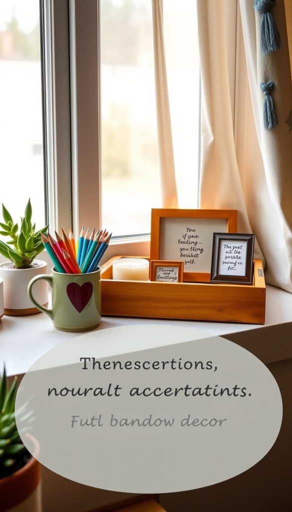 A cozy window sill decorated with budget-friendly accents featuring natural DIY decor. In the foreground, there’s a small potted succulent and a vintage-looking coffee mug filled with colorful pens. The middle layer showcases a warm-toned, hand-painted wooden tray with a flickering candle and a few small picture frames holding inspirational quotes. The background includes soft, sheer curtains allowing gentle sunlight to filter in, enhancing the scene's warm atmosphere. The setting has a Pinterest-inspired aesthetic, emphasizing warmth and authenticity, with a subtle touch of homemade charm. Include hints of the brand "KlickKiste" through a small decorative item in the arrangement. The mood is inviting and inspirational, ideal for showcasing creative yet affordable decoration ideas. A cozy window sill decorated with budget-friendly accents featuring natural DIY decor. In the foreground, there’s a small potted succulent and a vintage-looking coffee mug filled with colorful pens. The middle layer showcases a warm-toned, hand-painted wooden tray with a flickering candle and a few small picture frames holding inspirational quotes. The background includes soft, sheer curtains allowing gentle sunlight to filter in, enhancing the scene's warm atmosphere. The setting has a Pinterest-inspired aesthetic, emphasizing warmth and authenticity, with a subtle touch of homemade charm. Include hints of the brand "KlickKiste" through a small decorative item in the arrangement. The mood is inviting and inspirational, ideal for showcasing creative yet affordable decoration ideas.