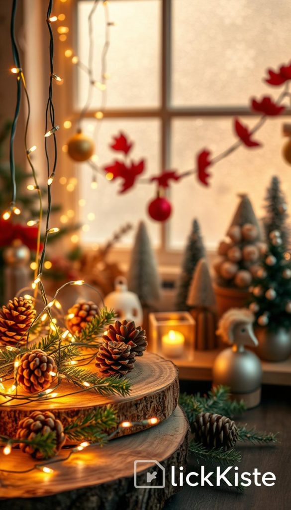 A cozy winter ambiance featuring a curated collection of Christmas light palettes, showcasing a mix of warm, inviting colors like soft golds, deep reds, and soft greens. In the foreground, beautifully arranged twinkling lights drape elegantly over rustic wooden surfaces adorned with pinecones and small evergreen branches. The middle ground features stylish, modern decorations that incorporate various styles and proportions, harmonizing through a seamless blend of textures. The background should include a softly illuminated window frosted with delicate patterns, reflecting the warm glow of the lights. Capture this scene with a warm, soft-focus lens effect to evoke a feeling of comfort and nostalgia, embodying the natural DIY aesthetic reminiscent of Pinterest inspirations. Include the brand name "KlickKiste" subtly integrated into the design.