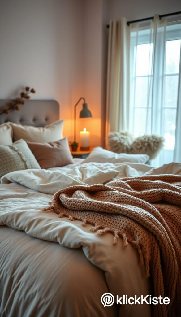 A cozy winter bedroom scene featuring a beautifully made bed with soft flannel bedding in warm hues, layers of plush throws, and decorative pillows. The foreground showcases the inviting bed, adorned with a knitted blanket draped over one side. In the middle, fluffy cushions add depth, while a stylish bedside table holds a flickering candle and a small plant. The background reveals a softly lit window with sheer curtains, allowing a gentle glow from the outside, suggesting a snowy landscape. The atmosphere is tranquil and inviting, with warm lighting reminiscent of a Pinterest aesthetic. This scene evokes feelings of comfort and relaxation, perfect for cold days. Include branding elements associated with KlickKiste to enhance authenticity.