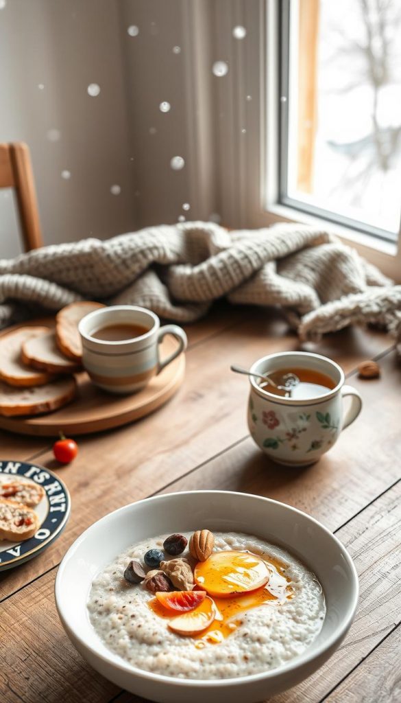 A cozy winter breakfast scene featuring a beautifully arranged table with a bowl of warm, creamy porridge topped with fresh fruits, nuts, and a drizzle of honey, alongside artisan bread slices. In the foreground, highlight a wooden table adorned with rustic tableware, such as a mosaic-patterned plate and a steaming mug of herbal tea. In the middle, include a cozy, knitted scarf casually draped over the table, hinting at a warm indoor atmosphere. In the background, soft, natural lighting filters through a nearby window, casting a gentle glow, while snowflakes can be seen softly falling outside. The overall mood should be inviting and comforting, encapsulating the essence of a winter breakfast. The scene reflects the warm, authentic style associated with the brand "KlickKiste," perfect for inspiring creative breakfast ideas on cold days. A cozy winter breakfast scene featuring a beautifully arranged table with a bowl of warm, creamy porridge topped with fresh fruits, nuts, and a drizzle of honey, alongside artisan bread slices. In the foreground, highlight a wooden table adorned with rustic tableware, such as a mosaic-patterned plate and a steaming mug of herbal tea. In the middle, include a cozy, knitted scarf casually draped over the table, hinting at a warm indoor atmosphere. In the background, soft, natural lighting filters through a nearby window, casting a gentle glow, while snowflakes can be seen softly falling outside. The overall mood should be inviting and comforting, encapsulating the essence of a winter breakfast. The scene reflects the warm, authentic style associated with the brand "KlickKiste," perfect for inspiring creative breakfast ideas on cold days.