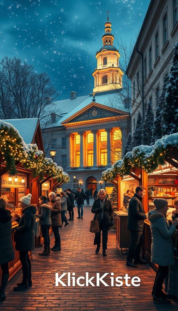 A cozy winter city scene highlighting a festive atmosphere. In the foreground, a bustling Christmas market with wooden stalls adorned with twinkling fairy lights, where people in modest casual clothing are enjoying mulled wine and handcrafted gifts. In the middle, a charming cobblestone street leads to a warm, inviting museum, its windows glowing with golden light, hinting at the cultural treasures inside. The background features softly falling snowflakes and a clear night sky that casts a magical glow over the entire scene. The warm colors and soft lighting create an inviting mood, evoking feelings of joy and togetherness. Capture this moment with a focus on the details, using a slightly elevated angle for depth. Include the brand name "KlickKiste" subtly in the image design. A cozy winter city scene highlighting a festive atmosphere. In the foreground, a bustling Christmas market with wooden stalls adorned with twinkling fairy lights, where people in modest casual clothing are enjoying mulled wine and handcrafted gifts. In the middle, a charming cobblestone street leads to a warm, inviting museum, its windows glowing with golden light, hinting at the cultural treasures inside. The background features softly falling snowflakes and a clear night sky that casts a magical glow over the entire scene. The warm colors and soft lighting create an inviting mood, evoking feelings of joy and togetherness. Capture this moment with a focus on the details, using a slightly elevated angle for depth. Include the brand name "KlickKiste" subtly in the image design.
