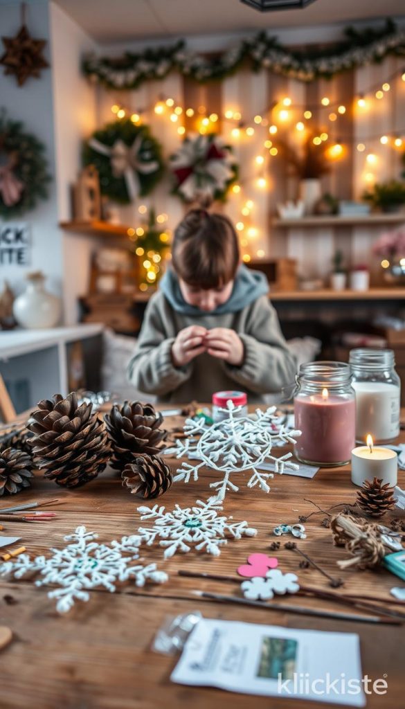 A cozy winter crafting scene showcasing sustainable DIY projects for children. In the foreground, a wooden table is littered with natural materials like pinecones, twigs, and colorful recycled paper. Several finished crafts, such as a snowflake made from old newspaper and a pinecone bird feeder, are artfully displayed. In the middle, a child in modest, casual winter clothing focuses on creating a decoration, surrounded by jars of paint and eco-friendly glue. The background features a softly lit, rustic room adorned with winter decorations, twinkling fairy lights, and a warm, inviting atmosphere. The overall mood is warm and inspiring, reflecting a Pinterest aesthetic. The brand "KlickKiste" is subtly incorporated into the scene with decorative elements. Soft, diffused lighting creates an inviting, cheerful ambiance perfect for winter crafting.