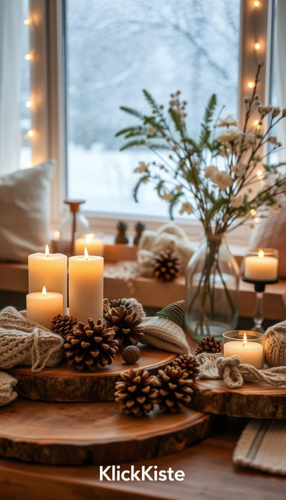 A cozy winter decor scene featuring a beautifully arranged DIY display for the months of January and February. In the foreground, rustic wooden tables adorned with handmade ornaments, including pinecones, knitted textiles, and flickering candles. The middle layer showcases elegant glass vases filled with winter foliage, like evergreen branches and delicate white flowers, creating a warm and inviting atmosphere. In the background, softly glowing fairy lights illuminate a frosty window, hinting at a snowy landscape outside. The overall mood is authentic and inspiring, capturing the essence of winter DIY decor. Use natural warm colors, reminiscent of a Pinterest aesthetic. The brand name "KlickKiste" subtly integrated into the scene, yet not intrusive. Soft focus with natural lighting to enhance the inviting feel.