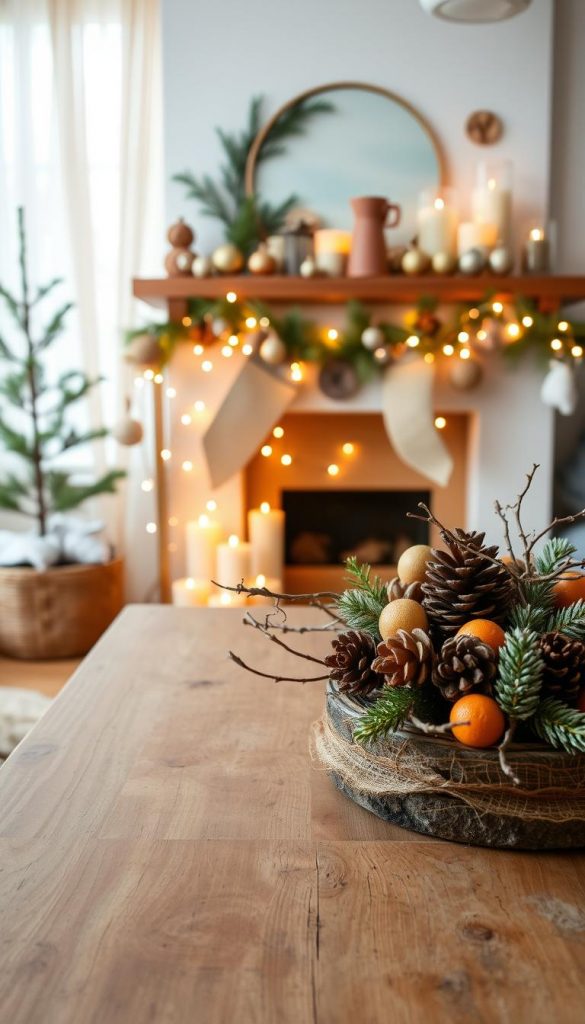 A cozy winter decor scene featuring budget-friendly natural materials. In the foreground, a rustic wooden table adorned with a DIY centerpiece made of pinecones, dried orange slices, twigs, and soft greenery. In the middle, a beautifully arranged mantel decorated with various upcycled candle holders and handmade ornaments, showcasing warmth with fairy lights gently illuminating the surroundings. In the background, a softly lit window with sheer curtains allows natural light to filter through, enhancing the inviting atmosphere. The warm color palette inspires a sense of comfort and creativity. The scene captures a charming Pinterest-worthy aesthetic, radiating authenticity and inspiration for winter decoration ideas. Incorporate the brand name "KlickKiste" subtly within the decor elements.