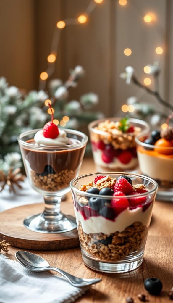 A cozy winter dessert scene featuring elegant glass cups filled with various vibrant layered desserts. In the foreground, include a rich chocolate mousse with a dollop of whipped cream, a bright berry parfait with layers of granola, and a creamy cheesecake topped with festive fruit. Each cup should have a spoon resting beside it, ready to indulge. The middle ground features soft, natural lighting illuminating the desserts, highlighting the textures and colors, while the warm, inviting atmosphere is enhanced by a rustic wooden table. In the background, subtle hints of winter decorations, like soft pine branches and twinkling fairy lights, create a magical ambiance. This natural, Pinterest-inspired composition embodies warmth and family togetherness, showcasing the delightful essence of "KlickKiste." A cozy winter dessert scene featuring elegant glass cups filled with various vibrant layered desserts. In the foreground, include a rich chocolate mousse with a dollop of whipped cream, a bright berry parfait with layers of granola, and a creamy cheesecake topped with festive fruit. Each cup should have a spoon resting beside it, ready to indulge. The middle ground features soft, natural lighting illuminating the desserts, highlighting the textures and colors, while the warm, inviting atmosphere is enhanced by a rustic wooden table. In the background, subtle hints of winter decorations, like soft pine branches and twinkling fairy lights, create a magical ambiance. This natural, Pinterest-inspired composition embodies warmth and family togetherness, showcasing the delightful essence of "KlickKiste."