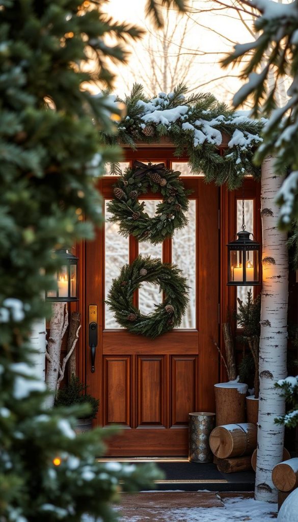A cozy winter entrance, featuring lush evergreen branches, rustic birch tree logs, and large, flickering lanterns that cast a warm, inviting glow. In the foreground, the entrance is framed by a charming wooden door adorned with a festive wreath made of pinecones and greenery. The middle layer showcases the birch logs arranged artistically on either side of the door, with snow gently dusting their surfaces. The background reveals a soft blur of winter trees, creating a peaceful, serene atmosphere. The sunlight filters softly through the branches, illuminating the scene in warm tones. The overall mood is festive and welcoming, reflecting the joys of winter. Inspired by natural DIY aesthetics, embodying the spirit of KlickKiste.