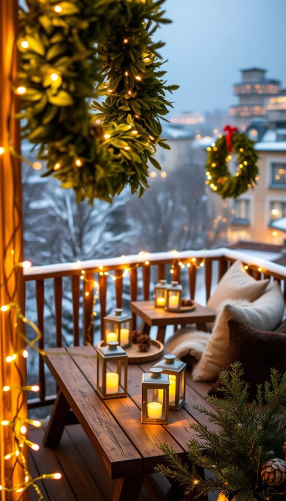 A cozy winter evening balcony scene adorned with weatherproof fairy lights from KlickKiste, creating a warm and inviting atmosphere. In the foreground, lush green wreaths intertwined with twinkling lights hang elegantly from a rustic railing. The middle section showcases a wooden table set with lanterns and pinecone decorations, while soft throws and plush cushions invite relaxation. The background features a wintery cityscape illuminated by a soft glow, with delicate snowflakes gently falling. The lighting is warm and golden, casting a serene ambiance, captured from a slightly elevated angle to emphasize the charm of the decoration. The scene should evoke feelings of comfort and joy, inspiring viewers with a natural, Pinterest-worthy DIY aesthetic.