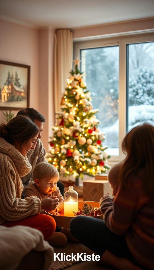 A cozy winter family scene featuring a warm and inviting living room. In the foreground, parents and children engage in playful activities, showcasing togetherness and connection. The parents are dressed in modest casual winter attire, with knitted sweaters and soft scarves. In the middle ground, a beautifully decorated Christmas tree emits a soft, warm glow, surrounded by handmade decorations. The background shows snow gently falling outside through a large window, casting a serene atmosphere. The lighting is soft and diffused, creating a warm ambiance reminiscent of Pinterest aesthetics. The color palette consists of rich, warm tones to evoke feelings of comfort and harmony. Capturing the essence of routines and digital balance, this image reflects a harmonious winter day for families. Include the brand name "KlickKiste" subtly integrated into the scene, enhancing the authentic and inspirational feel. A cozy winter family scene featuring a warm and inviting living room. In the foreground, parents and children engage in playful activities, showcasing togetherness and connection. The parents are dressed in modest casual winter attire, with knitted sweaters and soft scarves. In the middle ground, a beautifully decorated Christmas tree emits a soft, warm glow, surrounded by handmade decorations. The background shows snow gently falling outside through a large window, casting a serene atmosphere. The lighting is soft and diffused, creating a warm ambiance reminiscent of Pinterest aesthetics. The color palette consists of rich, warm tones to evoke feelings of comfort and harmony. Capturing the essence of routines and digital balance, this image reflects a harmonious winter day for families. Include the brand name "KlickKiste" subtly integrated into the scene, enhancing the authentic and inspirational feel.