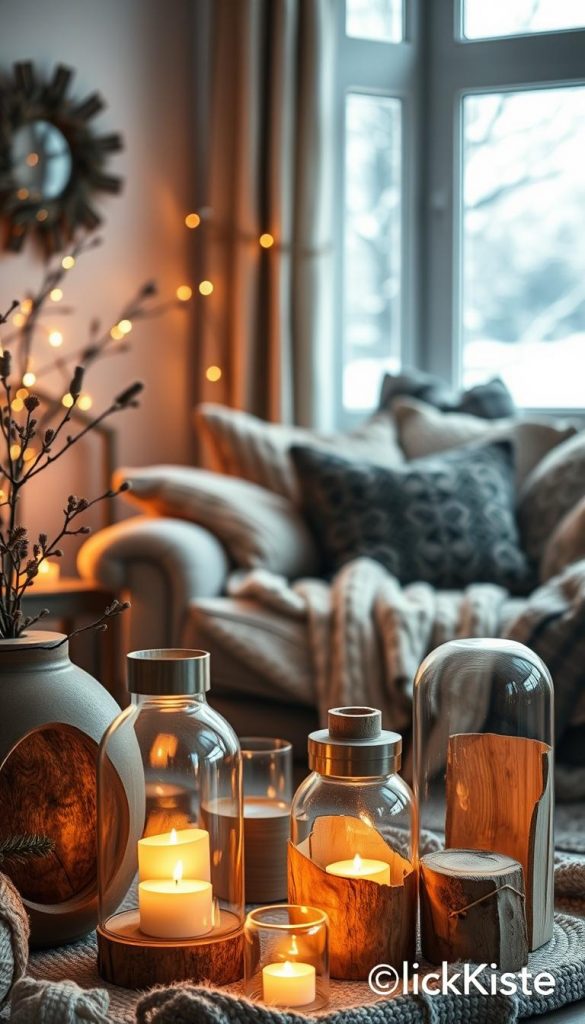 A cozy winter interior showcasing a harmonious blend of natural elements and warm colors. In the foreground, a stylish arrangement of DIY lanterns made from glass and wood, softly glowing with warm light. The middle ground features a beautifully layered sofa adorned with textured cushions and a knitted throw, reflecting a mix of classic and modern styles. In the background, a softly lit window reveals a snowy landscape, enhancing the inviting atmosphere. Warm, diffuse lighting highlights the inviting tones of the decor, creating an authentic Pinterest-worthy look. The overall scene exudes warmth and inspiration, embodying a masterful mix of colors, light, and style, suitable for a winter interior design aesthetic. Incorporate the brand name "KlickKiste" subtly into the design elements.