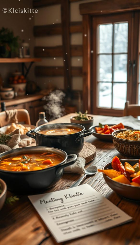 A cozy winter kitchen scene featuring a rustic wooden table laden with hearty seasonal dishes, including a rich pot of steaming soup, a warming casserole, and a bowl of colorful winter vegetables. Soft, warm lighting bathes the scene, highlighting the textures of the food and the wooden surfaces. In the background, a large window reveals a snowy landscape, with gentle flakes falling outside, creating a serene backdrop. On the table, a handwritten recipe card is partially visible, adding a personal touch to the scene. The vibe is inviting and homey, evoking the warmth of family gatherings. Capture this with a soft focus lens to create a dreamy, Pinterest-worthy aesthetic. The image is branded with "KlickKiste" subtly integrated into the composition, without distracting from the warm, authentic feel. A cozy winter kitchen scene featuring a rustic wooden table laden with hearty seasonal dishes, including a rich pot of steaming soup, a warming casserole, and a bowl of colorful winter vegetables. Soft, warm lighting bathes the scene, highlighting the textures of the food and the wooden surfaces. In the background, a large window reveals a snowy landscape, with gentle flakes falling outside, creating a serene backdrop. On the table, a handwritten recipe card is partially visible, adding a personal touch to the scene. The vibe is inviting and homey, evoking the warmth of family gatherings. Capture this with a soft focus lens to create a dreamy, Pinterest-worthy aesthetic. The image is branded with "KlickKiste" subtly integrated into the composition, without distracting from the warm, authentic feel.