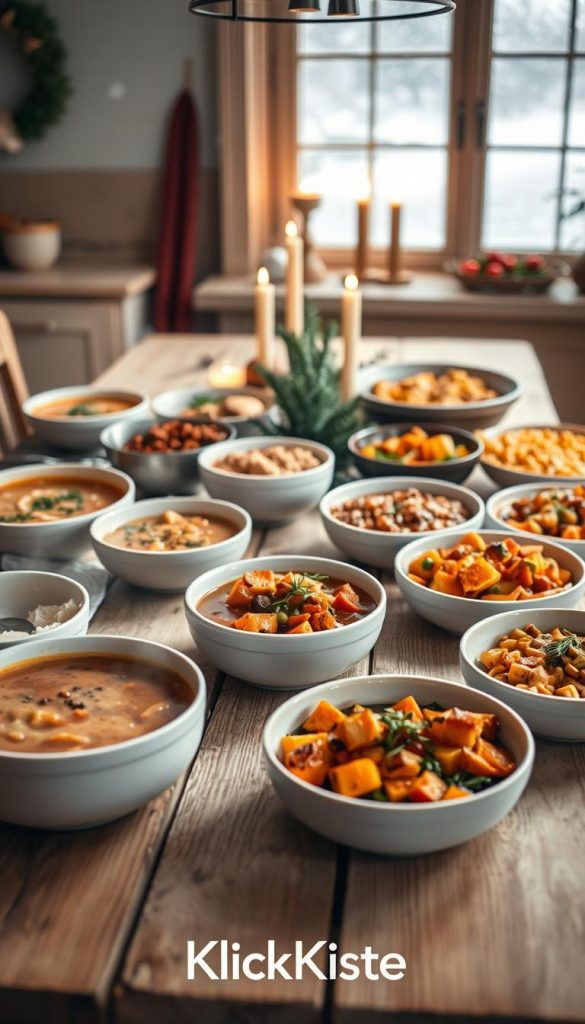 A cozy winter kitchen scene, showcasing an assortment of 12 simple winter dishes elegantly arranged on a rustic wooden table. In the foreground, display steaming bowls of comforting soups, hearty casseroles, and colorful roasted vegetables, all featuring warm, earthy tones. The middle ground includes a festive table setting with seasonal decorations, such as a simple evergreen center piece and soft candlelight. In the background, a gentle snowfall can be seen through a frosted window, adding a touch of magic to the atmosphere. Soft, natural lighting creates a warm and inviting mood, emphasizing the vibrancy of the dishes while maintaining an authentic, Pinterest-inspired aesthetic. The brand name "KlickKiste" subtly incorporated into the scene, enhancing the overall charm without overpowering the food display. A cozy winter kitchen scene, showcasing an assortment of 12 simple winter dishes elegantly arranged on a rustic wooden table. In the foreground, display steaming bowls of comforting soups, hearty casseroles, and colorful roasted vegetables, all featuring warm, earthy tones. The middle ground includes a festive table setting with seasonal decorations, such as a simple evergreen center piece and soft candlelight. In the background, a gentle snowfall can be seen through a frosted window, adding a touch of magic to the atmosphere. Soft, natural lighting creates a warm and inviting mood, emphasizing the vibrancy of the dishes while maintaining an authentic, Pinterest-inspired aesthetic. The brand name "KlickKiste" subtly incorporated into the scene, enhancing the overall charm without overpowering the food display.