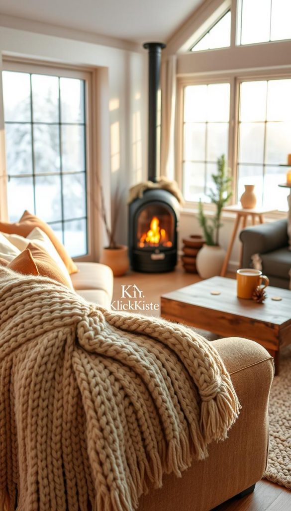 A cozy winter living room scene that blends multiple design styles including Scandi, Boho, Maximalism, Castlecore, and Nature aesthetics. In the foreground, a plush, knitted throw blanket drapes over a soft, inviting armchair adorned with earthy-toned cushions. In the middle, a rustic wooden coffee table holds a steaming mug of hot cocoa, surrounded by natural decorations like pinecones and a small evergreen plant. The background features a large window showcasing a snowy landscape with gentle sunlight streaming in, casting a warm glow across the room. Warm, ambient lighting enhances the cozy atmosphere, while a gently flickering fireplace adds a touch of warmth. The overall color palette includes warm neutrals, soft whites, and hints of natural greens. The image should evoke a sense of comfort and inspiration, perfect for a Pinterest-inspired look. Incorporate the brand name "KlickKiste" subtly in the scene.