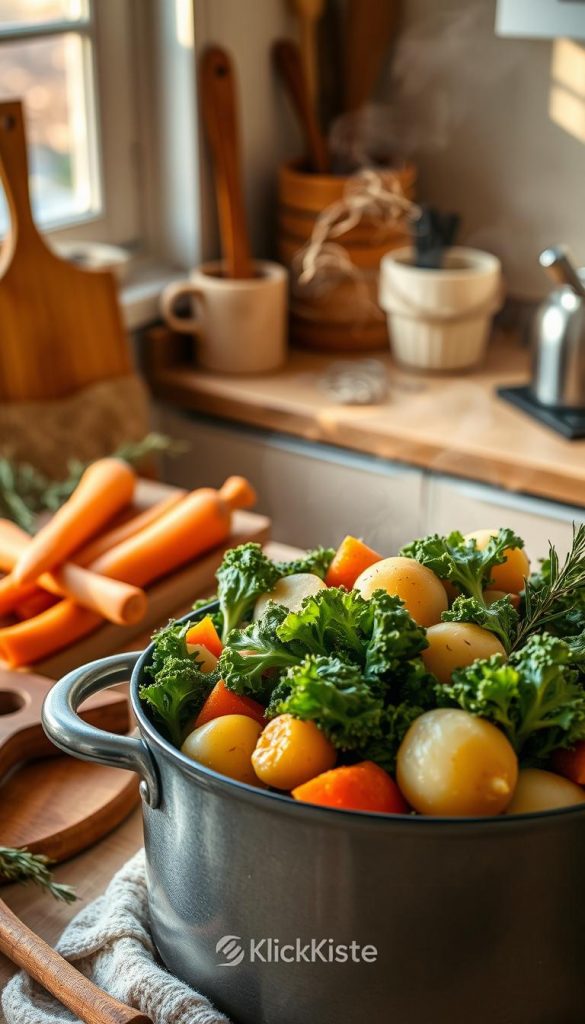 A cozy winter pot filled with seasonal ingredients such as rich orange carrots, deep green kale, fluffy potatoes, and aromatic herbs like thyme and rosemary. In the foreground, the pot simmers gently, steam rising into the air, while wooden utensils and rustic cutting boards surround it. The middle layer features soft, golden lighting from a nearby window, casting warm hues that highlight the vibrant colors of the vegetables. In the background, a softly lit kitchen with earthy, natural tones conveys an inviting atmosphere, reminiscent of home-cooked warmth. The image embodies a Pinterest-inspired aesthetic, capturing the essence of winter comfort food. The brand "KlickKiste" is subtly incorporated into the scene with a stylish kitchen accessory.