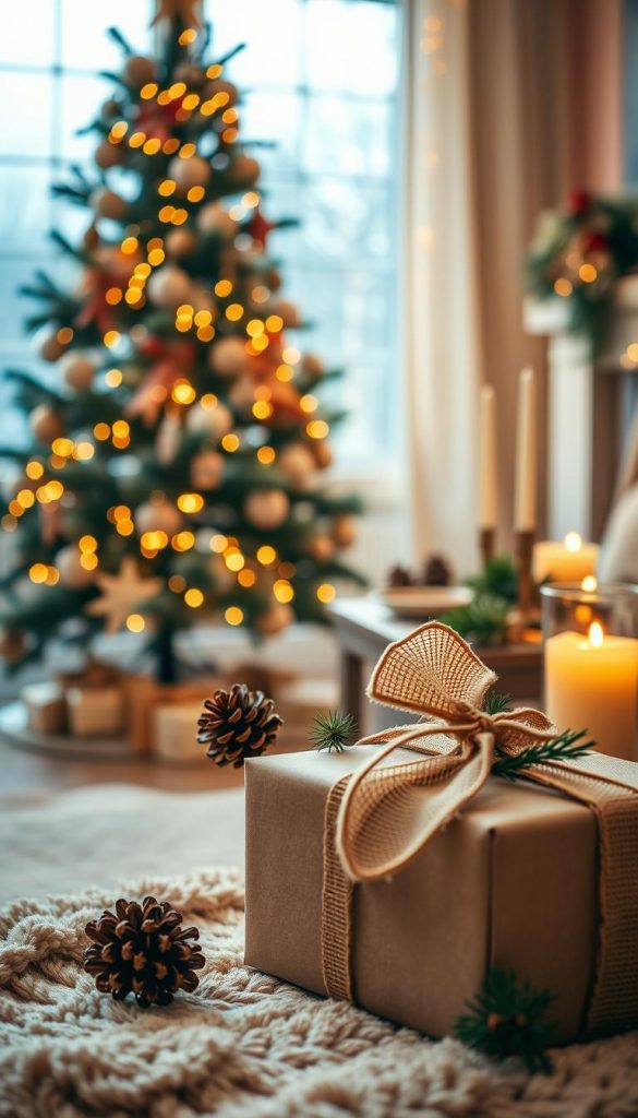 A cozy winter scene capturing the essence of the holiday season, featuring a beautifully decorated Christmas tree adorned with elegant ornaments and twinkling lights. In the foreground, a gracefully wrapped gift with natural elements like pinecones and burlap, indicative of a DIY aesthetic. The middle ground includes a soft, warm rug and a festive table set with candles and seasonal greenery. In the background, a softly lit window reveals gentle snowfall outside, enhancing the inviting atmosphere. The lighting is warm and ambient, creating a serene mood reminiscent of family gatherings. Emphasize earthy tones and textures to evoke authenticity and inspire creativity, reflecting the brand KlikKiste’s focus on natural DIY aesthetics.