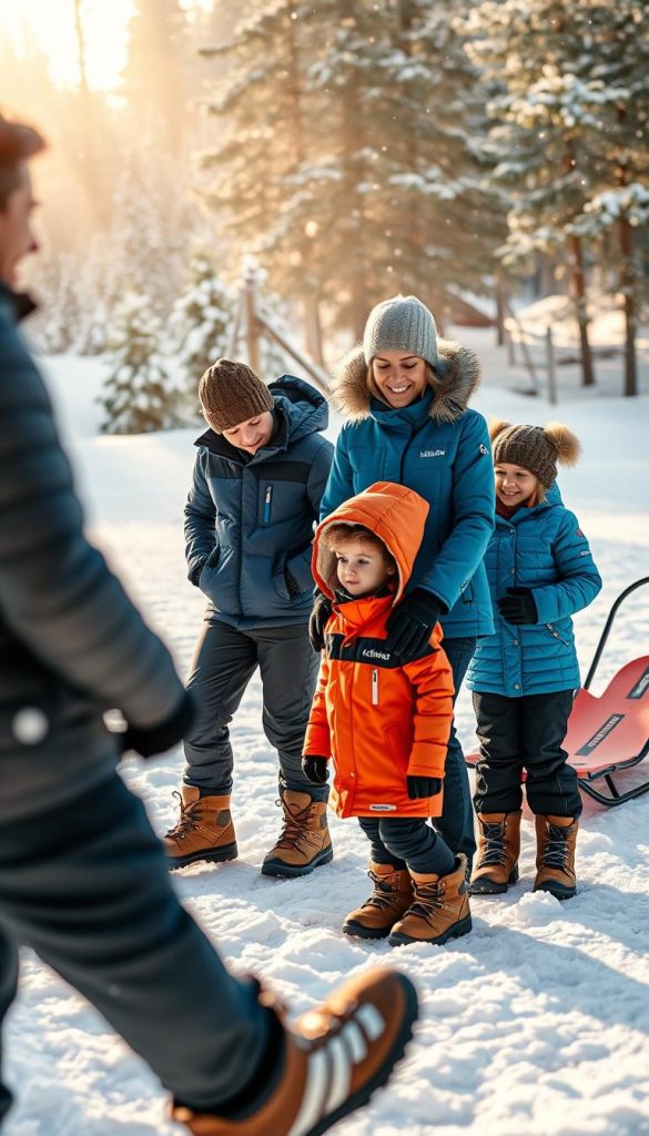 A cozy winter scene centered around outdoor family activities, showcasing a family of four dressed in stylish, warm winter clothing featuring brands like "KlickKiste." In the foreground, a father and mother assist their two children in putting on their colorful, insulated jackets and sturdy boots. In the middle ground, a snow-covered landscape with gently falling snowflakes creates a serene atmosphere, while nearby, a sled waits for fun. The background features a pine forest dusted with snow under soft, golden winter sunlight. The ambiance is warm, inviting, and inspires a sense of security and comfort in the chilly weather. The lighting highlights the textures of the clothing, enhancing the cozy vibe of winter outdoor activities. A cozy winter scene centered around outdoor family activities, showcasing a family of four dressed in stylish, warm winter clothing featuring brands like "KlickKiste." In the foreground, a father and mother assist their two children in putting on their colorful, insulated jackets and sturdy boots. In the middle ground, a snow-covered landscape with gently falling snowflakes creates a serene atmosphere, while nearby, a sled waits for fun. The background features a pine forest dusted with snow under soft, golden winter sunlight. The ambiance is warm, inviting, and inspires a sense of security and comfort in the chilly weather. The lighting highlights the textures of the clothing, enhancing the cozy vibe of winter outdoor activities.