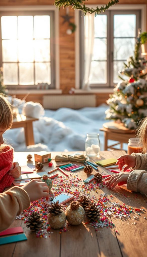 A cozy winter scene depicting a creative workspace for children, filled with DIY craft materials like colorful paper, glitter, and natural elements like pine cones and twigs. In the foreground, a wooden table is adorned with children’s hands, carefully working on festive projects, such as handmade ornaments and snowflakes. The middle ground showcases a warm and inviting room, with big windows allowing soft, diffused sunlight to stream in, highlighting the contrast of the cold, snowy landscape outside. The background features a winter wonderland scene, blanketed in fresh, fluffy snow under a clear blue sky. The overall mood is cheerful, inviting, and inspiring, reflecting the essence of DIY creativity in winter. The palette consists of warm colors to evoke a sense of comfort. Include a subtle brand representation of "KlickKiste" in the scene.
