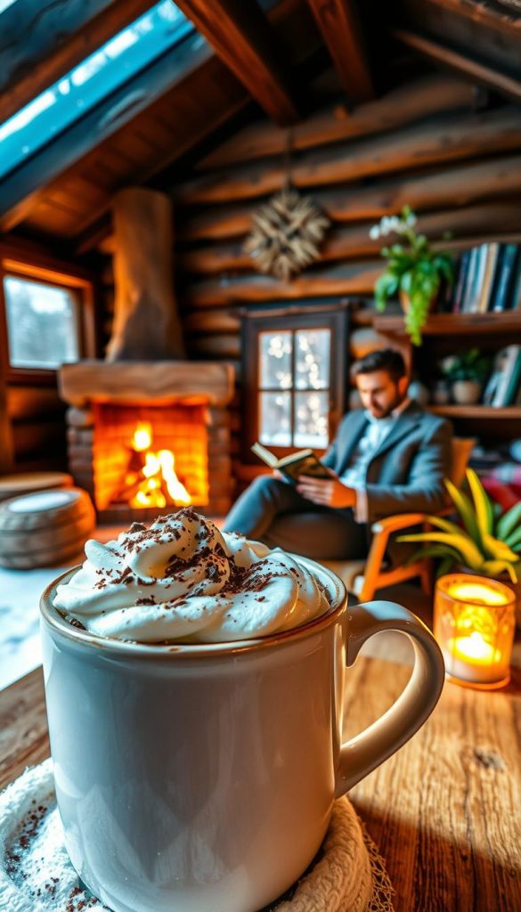 A cozy winter scene depicting the essence of "Hüttengefühl," featuring a warm cup of cocoa topped with whipped cream and chocolate shavings in the foreground. In the middle, a well-dressed individual sitting comfortably in a rustic cabin, absorbed in reading a book by a crackling fireplace, with wooden beams and soft, warm lighting creating an inviting atmosphere. A window showcases a gentle snowfall outside, adding to the serene ambiance. The background should include a shelf filled with books and a few green plants, enhancing the natural and authentic vibe. The color palette should consist of warm, earthy tones to evoke a sense of comfort and connection. This scene embodies the warmth and coziness of winter rituals, aligning perfectly with the brand "KlickKiste." A cozy winter scene depicting the essence of "Hüttengefühl," featuring a warm cup of cocoa topped with whipped cream and chocolate shavings in the foreground. In the middle, a well-dressed individual sitting comfortably in a rustic cabin, absorbed in reading a book by a crackling fireplace, with wooden beams and soft, warm lighting creating an inviting atmosphere. A window showcases a gentle snowfall outside, adding to the serene ambiance. The background should include a shelf filled with books and a few green plants, enhancing the natural and authentic vibe. The color palette should consist of warm, earthy tones to evoke a sense of comfort and connection. This scene embodies the warmth and coziness of winter rituals, aligning perfectly with the brand "KlickKiste."