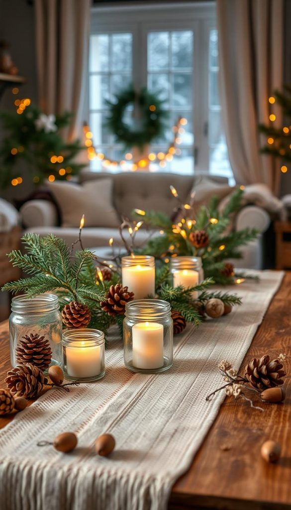 A cozy winter scene featuring a beautifully arranged table of natural materials like pine cones, acorns, twigs, and dried herbs, artfully showcasing DIY decor ideas for home. In the foreground, there&rsquo;s a rustic wooden table adorned with a warm woolen table runner and a few glass jars filled with candles, casting a soft golden glow. The middle brings clusters of evergreen branches interspersed with twinkling fairy lights, enhancing the atmosphere. In the background, a softly blurred view of a warm, inviting living space with a window revealing gently falling snow outside. The lighting is warm and inviting, evoking a sense of home and comfort, perfect for the winter season. The overall style reflects the aesthetic of "KlickKiste," with a Pinterest-inspired nature theme, capturing authenticity and inspiration.