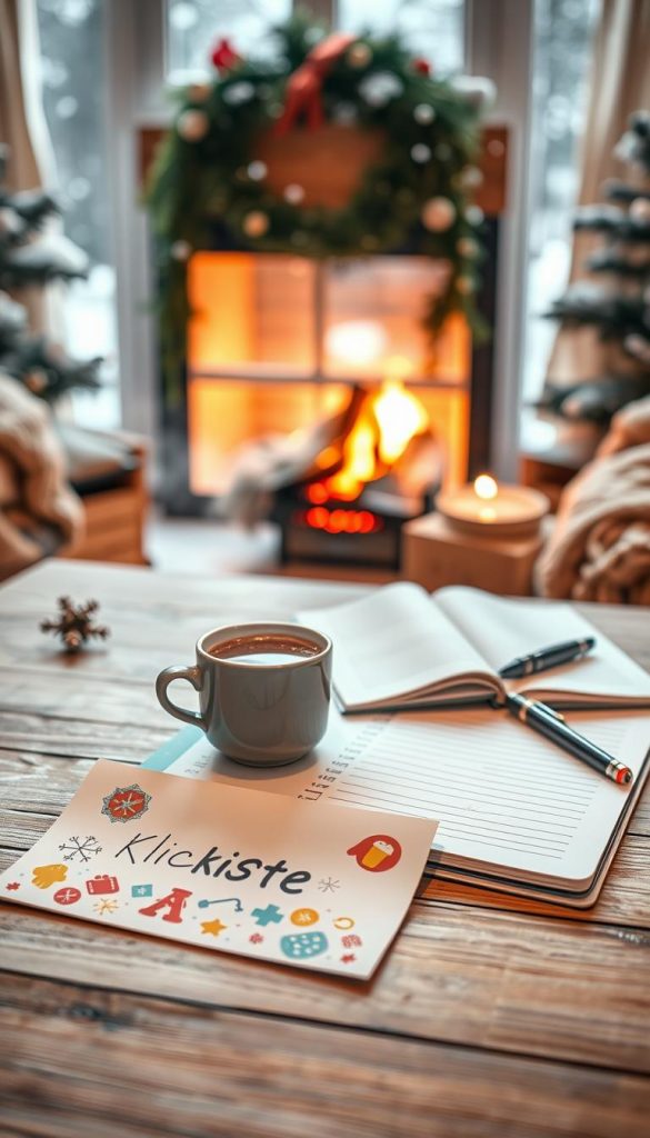 A cozy winter scene featuring a beautifully designed checklist on a wooden table, surrounded by warm, inviting decor. In the foreground, the checklist, labeled "KlickKiste," is adorned with colorful winter-themed icons, like snowflakes and mittens. In the middle ground, a steaming cup of hot cocoa sits next to a small, open notebook and a pen, ready for use. The background showcases a softly lit room with a window revealing gentle snowfall outside, complemented by a warm, glowing fireplace. The ambiance invites inspiration and creativity, with natural lighting that enhances the warm colors throughout the scene. The composition evokes a homely, festive mood, perfect for inspiring families to engage in winter activities together. A cozy winter scene featuring a beautifully designed checklist on a wooden table, surrounded by warm, inviting decor. In the foreground, the checklist, labeled "KlickKiste," is adorned with colorful winter-themed icons, like snowflakes and mittens. In the middle ground, a steaming cup of hot cocoa sits next to a small, open notebook and a pen, ready for use. The background showcases a softly lit room with a window revealing gentle snowfall outside, complemented by a warm, glowing fireplace. The ambiance invites inspiration and creativity, with natural lighting that enhances the warm colors throughout the scene. The composition evokes a homely, festive mood, perfect for inspiring families to engage in winter activities together.