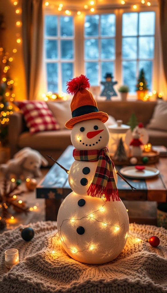 A cozy winter scene featuring a charming DIY snowman decorated with twinkling lights, positioned in a warmly lit living room setting. In the foreground, the snowman wears a colorful scarf and a playful top hat, surrounded by festive ornaments and soft, glowing fairy lights. In the middle, a rustic wooden table showcases homemade winter crafts made by parents and children, exuding a warm, inviting atmosphere. The background reveals a softly lit window with gentle snowflakes falling outside, enhancing the wintery feel. Use warm color tones to create an authentic, Pinterest-inspired ambiance. This enchanting scene should embody the essence of family creativity during long winter evenings, with a focus on inspiring and heartwarming decoration ideas from KlickKiste.