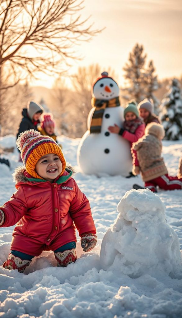 A cozy winter scene featuring a diverse group of children, ages 4 to 14, engaging in various winter activities like building a snowman, having a snowball fight, and sledding. The foreground showcases two younger children bundled in colorful winter coats and hats, joyfully playing in the snow, their laughter palpable. In the middle ground, slightly older kids are collaborating to make a large snowman, with scarves and a carrot nose. The background features gently falling snowflakes and a serene winter landscape with trees dusted in snow. The warm golden light of late afternoon adds a magical glow, evoking feelings of joy and nostalgia. Capture this in a natural, Pinterest-inspired style, emphasizing authentic and inspiring moments. Include subtle branding of "KlickKiste" in the composition.