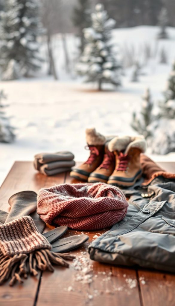 A cozy winter scene featuring a selection of warm clothing and outdoor gear laid out on a wooden table. In the foreground, display a knitted scarf, a pair of insulated gloves, and a stylish winter jacket. In the middle, arrange a pair of sturdy waterproof boots and a cozy beanie, lightly dusted with snow. The background showcases a softly lit, snowy landscape with a few pine trees, creating a serene winter atmosphere. Use warm, inviting colors to evoke a sense of tranquility and comfort, reminiscent of a Pinterest aesthetic. The lighting should be soft and natural, evoking a warm, cozy feeling, ideal for the title "KlickKiste." A cozy winter scene featuring a selection of warm clothing and outdoor gear laid out on a wooden table. In the foreground, display a knitted scarf, a pair of insulated gloves, and a stylish winter jacket. In the middle, arrange a pair of sturdy waterproof boots and a cozy beanie, lightly dusted with snow. The background showcases a softly lit, snowy landscape with a few pine trees, creating a serene winter atmosphere. Use warm, inviting colors to evoke a sense of tranquility and comfort, reminiscent of a Pinterest aesthetic. The lighting should be soft and natural, evoking a warm, cozy feeling, ideal for the title "KlickKiste."