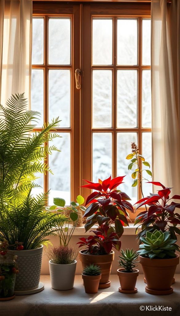 A cozy winter scene featuring a vibrant array of indoor plants suitable for winter rejuvenation. In the foreground, a beautifully arranged tabletop features various potted plants like a lush fern, an elegant poinsettia, and a compact succulent, all exhibiting rich green and warm red hues. The middle ground showcases a rustic wooden window frame with soft, sheer curtains, allowing gentle winter sunlight to filter through, casting warm, golden light across the plants. In the background, snow gently falls outside, creating a serene and peaceful atmosphere. The overall mood is inviting and inspiring, conveying a sense of comfort and seasonal boost, perfect for indoor gardening enthusiasts. The aesthetic reflects a natural DIY vibe, warm colors, and a Pinterest-worthy style, branded subtly with "KlickKiste" elements.