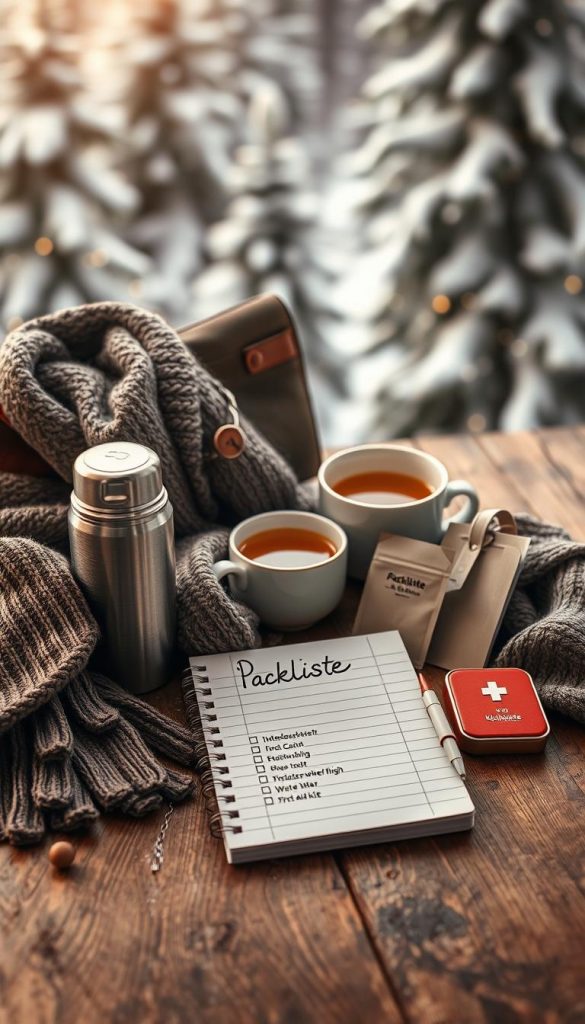 A cozy winter scene featuring an artistic, neatly arranged packing list for a winter trip, displayed on a rustic wooden table. In the foreground, include items such as warm clothing, gloves, a thermos of hot cocoa, and a travel-sized first aid kit, all surrounded by an inviting knitted scarf. In the middle ground, there is a cup of steaming tea and a notepad with a beautifully handwritten checklist labeled "Packliste Winterausflug." The background is softly blurred with snow-covered pine trees and a subtle, warm golden light filtering through, creating a serene atmosphere. The overall color palette is warm, with gentle earthy tones reminiscent of Pinterest aesthetics. Incorporate the brand "KlickKiste" subtly on one of the items. A cozy winter scene featuring an artistic, neatly arranged packing list for a winter trip, displayed on a rustic wooden table. In the foreground, include items such as warm clothing, gloves, a thermos of hot cocoa, and a travel-sized first aid kit, all surrounded by an inviting knitted scarf. In the middle ground, there is a cup of steaming tea and a notepad with a beautifully handwritten checklist labeled "Packliste Winterausflug." The background is softly blurred with snow-covered pine trees and a subtle, warm golden light filtering through, creating a serene atmosphere. The overall color palette is warm, with gentle earthy tones reminiscent of Pinterest aesthetics. Incorporate the brand "KlickKiste" subtly on one of the items.