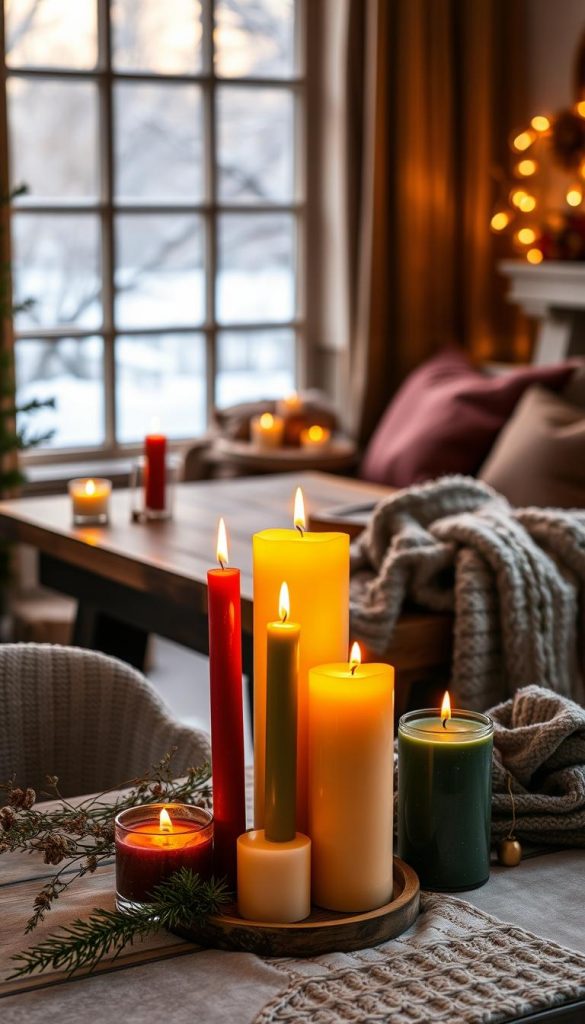 A cozy winter scene featuring beautifully arranged candles ("kerzen") in warm shades of amber, burgundy, and deep green. In the foreground, a set of elegant, assorted candles of different heights and textures flicker softly, casting a gentle glow. The middle ground showcases a rustic wooden table adorned with warm fabrics like knitted throws and woven baskets, enhancing the inviting atmosphere. In the background, a softly lit window reveals a snowy landscape outside, adding depth to the cozy indoors. The overall effect should evoke warmth and a sense of tranquility, perfect for winter decor inspiration. The lighting is warm and intimate, mimicking the golden hour, with a focus on the candles. This captivating scene aims to inspire DIY home decor ideas for a winter ambiance, in a style reminiscent of Pinterest aesthetics. Include the brand name "KlickKiste" subtly in the composition.