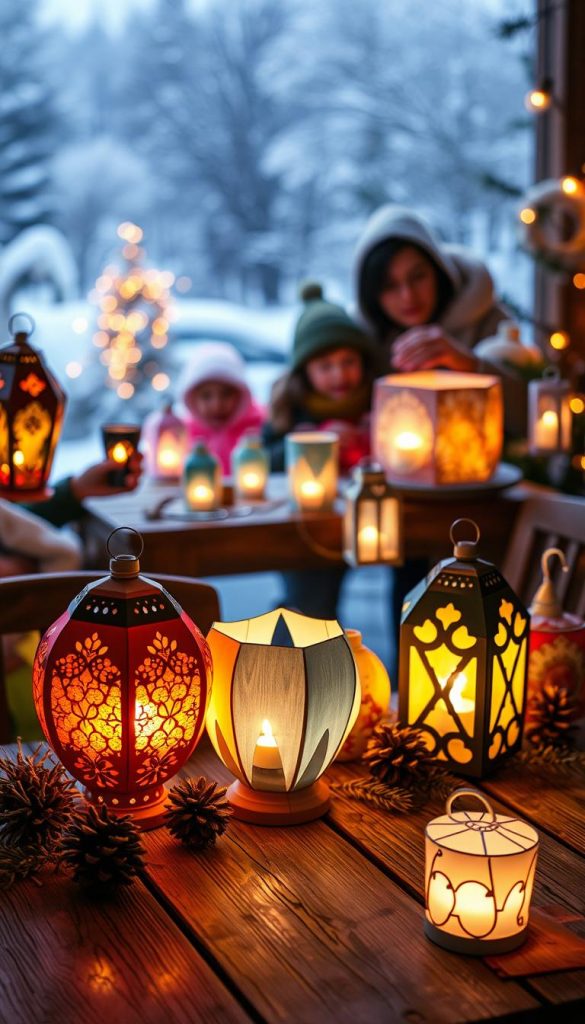 A cozy winter scene featuring beautifully crafted lanterns and illuminated light bags ("Lichtertüten") arranged on a rustic wooden table. In the foreground, a cluster of colorful, handcrafted paper lanterns in various shapes, casting a warm, inviting glow. Soft, flickering candlelight emanates from within the lanterns, reflecting off the delicate details of their artistic designs. In the middle ground, a family is seen creatively decorating the lit bags with natural elements like pinecones and twigs, dressed in casual winter attire. The background features a softly blurred snowy landscape, with gently falling snowflakes illuminated by the lantern light. The atmosphere is warm and cozy, embodying the essence of family and creativity during the winter months, inspired by the brand "KlickKiste."