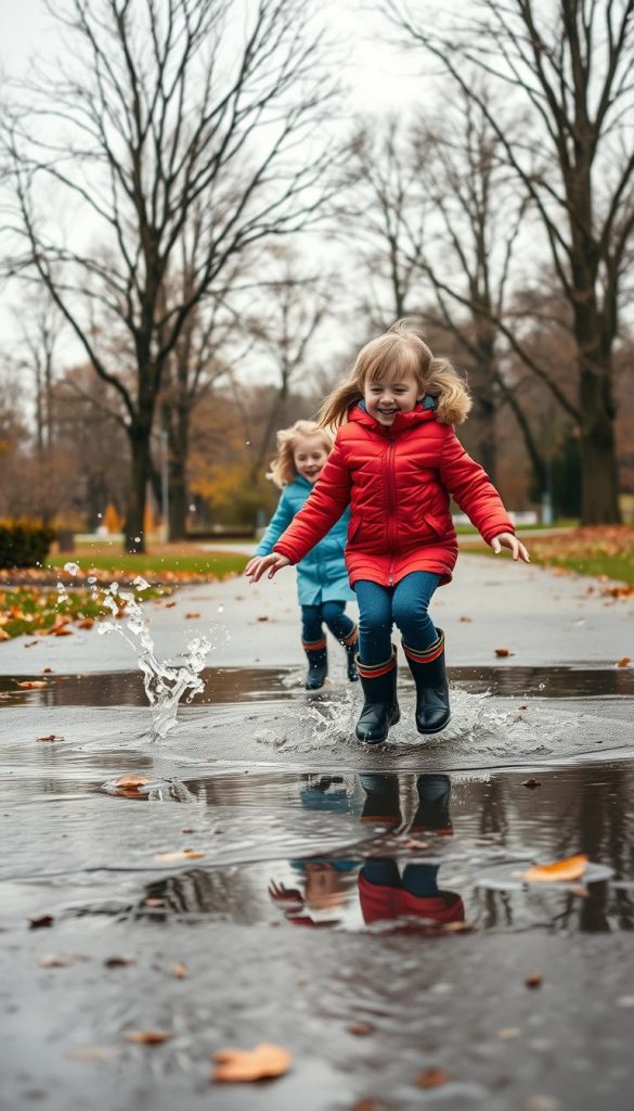 A cozy winter scene featuring children joyfully jumping in puddles during a mild, overcast day. In the foreground, two kids dressed in colorful jackets and waterproof boots splash water with delight, their laughter captured mid-action. The middle layer showcases a vibrant park with leafless trees and scattered autumn leaves, hinting at the transition of seasons. In the background, a soft, gray sky allows diffused light to create a warm and inviting atmosphere, enhancing the colors of the children's attire. The lens captures a slightly angled view, emphasizing movement and the puddles' reflections. This image is inspired by “KlickKiste,” aiming for a natural and authentic feel, with warm colors and a Pinterest-like aesthetic, evoking inspiration for outdoor adventures even in the winter without snow.