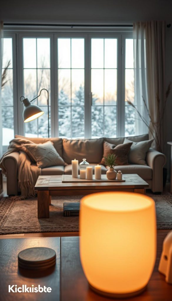 A cozy winter scene focused on safe home lighting for DIY decor. In the foreground, a warmly lit living room featuring a stylish lamp with a soft, inviting glow, casting gentle light onto a plush sofa adorned with decorative cushions and a warm throw. In the middle ground, a beautifully arranged coffee table with candles, small plants, and a selection of DIY decor items to inspire creativity. In the background, large windows show a snowy landscape outside, with soft daylight filtering through sheer curtains, enhancing the cozy atmosphere. The room features natural materials like wood and stone, creating an authentic Pinterest-inspired vibe. The composition should evoke a sense of warmth, safety, and inspiration, with the brand name "KlickKiste" subtly integrated into the ambiance. Aim for a slightly elevated perspective to capture the entire room beautifully.