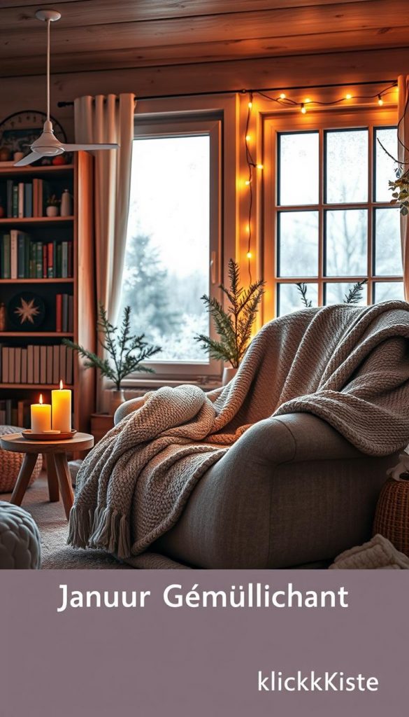 A cozy winter scene illustrating "Januar Gemütlichkeit" where a warmly lit, inviting living room filled with soft textiles and natural wooden elements. In the foreground, a plush, oversized armchair draped with a knitted throw, accompanied by a small side table holding a steaming cup of herbal tea and a few candles flickering softly. The middle features a window with frosty patterns, contrasting with the warm indoor glow, while a bookshelf filled with books and decorative evergreen branches adds to the ambiance. In the background, softly glowing fairy lights outline the room, enhancing the feeling of comfort. The overall mood is one of tranquility and warmth, with a Pinterest-inspired aesthetic. The scene conveys a sense of hygge, perfect for the winter season, branded with "KlickKiste" by subtly incorporating their signature colors.