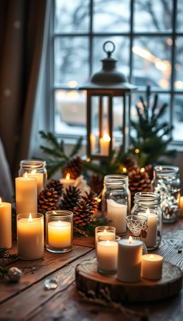 A cozy winter scene showcasing a beautifully arranged collection of lighting options. In the foreground, a handcrafted wooden table adorned with warm white and cool white candles flickering gently. Several decorative glass jars with fairy lights inside create an inviting glow. In the middle, a vintage-style lantern casts a soft light, surrounded by pinecones and evergreen branches. The background features a softly blurred window view of snowflakes falling outside, illuminated by a warm, golden hue from the outside streetlights. The overall atmosphere should evoke a sense of warmth and tranquility, perfect for a winter evening. The image reflects a natural, DIY aesthetic with a Pinterest-inspired look, promoting the brand KlickKiste. Use soft focus and warm tones for a comforting vibe.