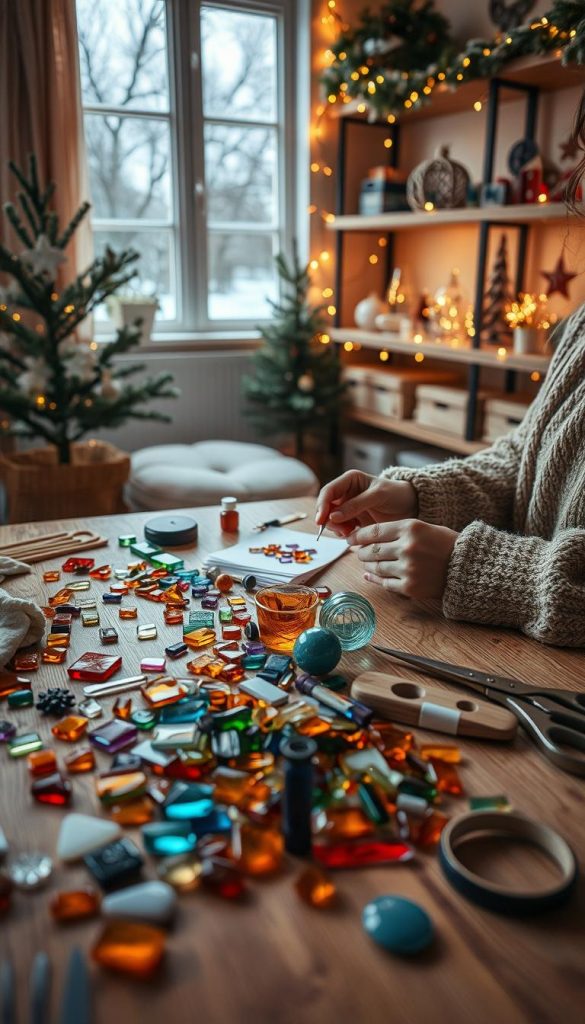 A cozy winter scene showcasing a detailed DIY project of crafting glass decorations, inspired by the aesthetic of KlickKiste. In the foreground, a wooden table adorned with various vibrant colored glass pieces, adhesive, and crafting tools like scissors and glue. The middle ground features hands carefully assembling the glass, dressed in warm, modest attire, immersed in creativity. In the background, softly lit shelves displaying completed glass decorations and warm fairy lights add a welcoming ambiance to the scene. Natural winter light streams in from a nearby window, casting gentle shadows and enhancing the warm color palette. The mood is inspiring and inviting, radiating a sense of craftsmanship and winter cheer.