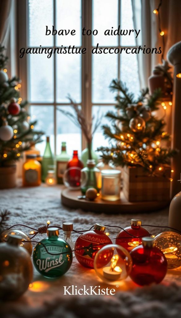 A cozy winter scene showcasing budget-friendly Christmas decorations made from glass. In the foreground, a creatively arranged set of handmade glass ornaments in warm colors, softly illuminated by string lights, evokes a nurturing and inviting atmosphere. In the middle ground, a DIY project area features various upcycled materials, like jars and bottles, skillfully transformed into unique festive decor pieces. The background reveals a lightly frosted window with gentle snowfall outside, casting a soft light that enhances the warmth of the scene. The overall mood is authentic and inspiring, reflecting a Pinterest aesthetic with a touch of natural simplicity. The brand name "KlickKiste" is subtly integrated into the decor design. The lighting is warm and soft, creating a tranquil ambiance perfect for winter celebrations.