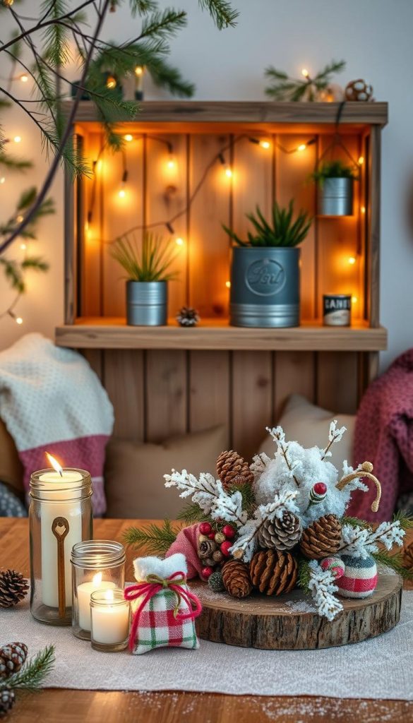 A cozy winter scene showcasing various upcycling DIY projects. In the foreground, a beautifully arranged table features handmade decorations such as a mason jar candle holder, upcycled fabric ornaments, and a reclaimed wood centerpiece adorned with pinecones and faux snow. The middle layer includes a rustic wooden shelf displaying more upcycled items like a plant holder made from recycled cans and a vintage tin turned into a planter. In the background, a softly lit room with warmly glowing fairy lights creates an inviting atmosphere, surrounded by natural elements like pine branches and soft blankets. The overall vibe is authentic and inspirational, with warm colors conveying a sense of comfort. The image embodies the essence of "KlickKiste" DIY projects, inviting viewers to embrace their creativity during winter.