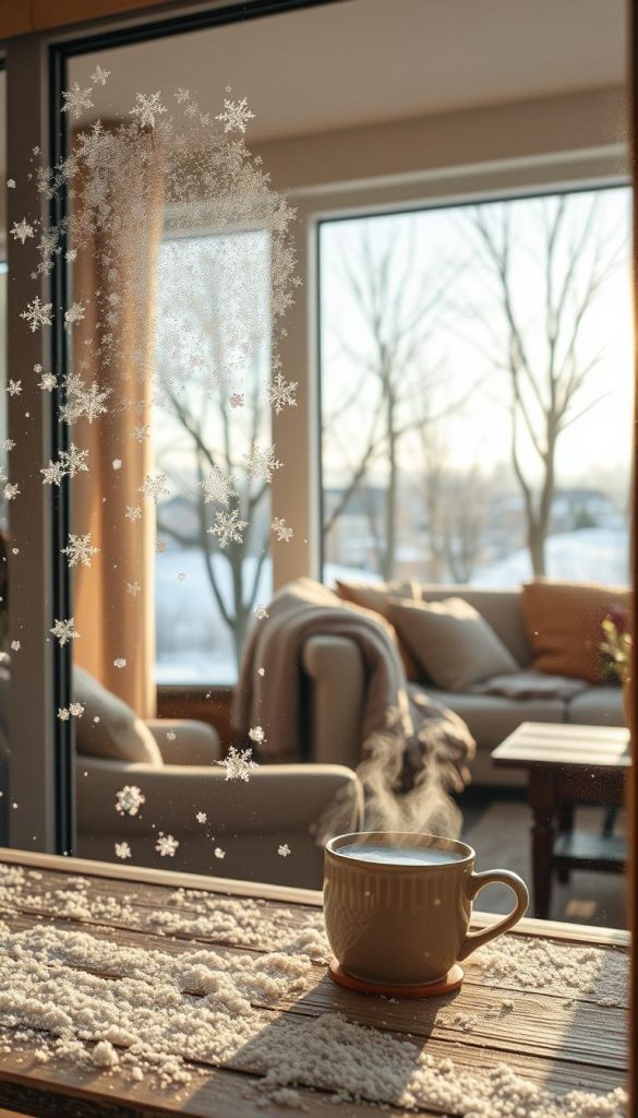 A cozy winter scene viewed through a large, frost-laden window, capturing the essence of a calm and structured family routine. In the foreground, delicate snowflakes gently resting on the windowpane. The middle ground reveals a living room adorned with warm colors, featuring a soft, inviting couch draped in a knitted blanket, accompanied by a steaming mug of tea on a rustic wooden table. In the background, the soft glow of winter sunlight filters through the pale blue sky, illuminating bare trees dusted with snow. The atmosphere is serene and peaceful, evoking a sense of warmth and inspiration. The composition follows a Pinterest aesthetic, focusing on natural elements to reflect authenticity. Visual style should embody a premium look, reminiscent of a KlickKiste creation. A cozy winter scene viewed through a large, frost-laden window, capturing the essence of a calm and structured family routine. In the foreground, delicate snowflakes gently resting on the windowpane. The middle ground reveals a living room adorned with warm colors, featuring a soft, inviting couch draped in a knitted blanket, accompanied by a steaming mug of tea on a rustic wooden table. In the background, the soft glow of winter sunlight filters through the pale blue sky, illuminating bare trees dusted with snow. The atmosphere is serene and peaceful, evoking a sense of warmth and inspiration. The composition follows a Pinterest aesthetic, focusing on natural elements to reflect authenticity. Visual style should embody a premium look, reminiscent of a KlickKiste creation.