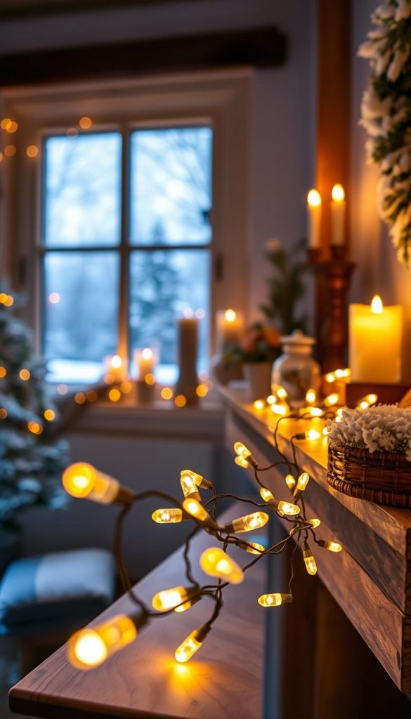 A cozy winter setting featuring a beautiful, warm-toned LED fairy light string ("KlickKiste") artfully arranged around a wooden mantelpiece. In the foreground, showcase the lights glowing softly with a gentle bokeh effect from a shallow depth of field, emphasizing the safety features like secure connections and minimal cable clutter. The middle layer includes a rustic, snowy landscape view through a window, enhancing the warmth of the indoor atmosphere. In the background, softly lit candles provide additional illumination, creating a peaceful ambiance. Use soft, diffused lighting to evoke a serene winter evening, capturing a charming and inviting mood without any distractions or clutter. Ensure the scene is safe and inviting, reflecting authentic DIY aesthetics with Pinterest inspiration.