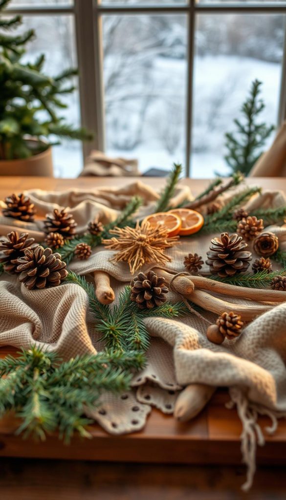 A cozy, winter-themed flat lay showcasing a variety of natural materials on a wooden table. In the foreground, arrange pinecones, sprigs of evergreen, and pieces of driftwood, artistically intertwined with warm-toned fabric like burlap and soft wool. In the middle, place a few hand-crafted decorations made from twigs and dried orange slices to add texture and color. The background should feature a softly blurred winter landscape visible through a window, creating an inviting atmosphere. Use warm, natural lighting to evoke a sense of comfort and serenity, simulating the golden hour. Emphasize authenticity with a Pinterest-inspired aesthetic, focusing on earthy tones and organic textures. Include a subtle reference to "KlickKiste" without text, integrating it into the natural decor.
