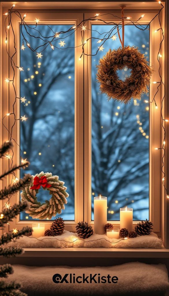 A cozy winter window scene featuring beautifully arranged fairy lights draping gracefully across the window frame, creating a magical ambiance. In the foreground, decorative wreaths embellished with twinkling stars and delicate transparent effects enhance the enchanting atmosphere. The middle section showcases a stylish window sill decorated with natural elements like pinecones and candles, glowing softly. In the background, a gentle snowfall can be seen, reflecting the warm light from inside, adding to the inviting feel. The overall mood is warm and inviting, capturing a DIY aesthetic with Pinterest-inspired elements in soft, warm colors. The image should evoke a sense of comfort and inspiration for winter decor from the brand "KlickKiste."