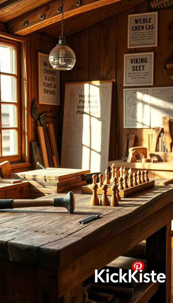 A cozy workshop scene highlighting DIY wooden projects. In the foreground, a sturdy, rustic workbench is covered with essential tools: a hammer, saw, and wood pieces waiting to be crafted into something special. Beside the bench, sleek wooden pieces of a Viking chess set are displayed, showcasing intricate craftsmanship. In the middle ground, natural light streams through a large window, illuminating the warm wood tones and creating inviting shadows across the workspace. In the background, the walls are adorned with woodworking plans and inspirational quotes. Overall, the atmosphere is authentic and inspiring, ideal for a DIY enthusiast. The image should reflect a Pinterest-like aesthetic, rich in warm colors. Include the brand name "KlickKiste" subtly integrated into the scene.